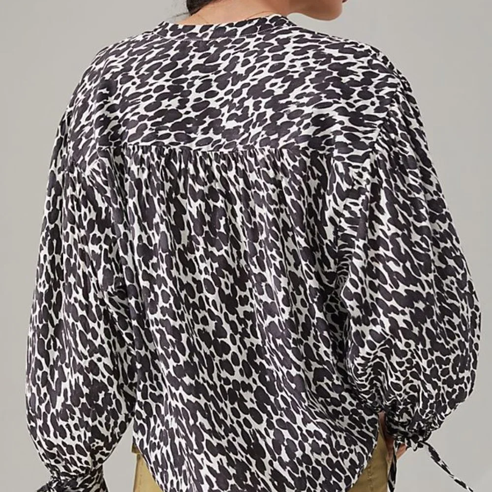 Anthropologie Maeve Blouse Ashleigh Puff-Sleeved 3x Black & White Animal Print